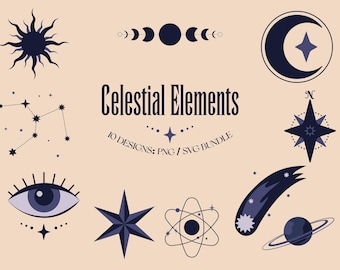 Conjunto de imágenes prediseñadas celestiales: Sol, Luna, estrellas, planetas y constelaciones - Archivos PNG y SVG
