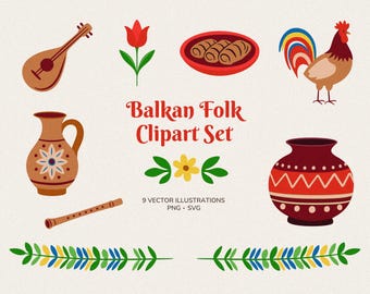 Conjunto de imágenes prediseñadas de folclore balcánico: 9 ilustraciones tradicionales dibujadas a mano (SVG + PNG)
