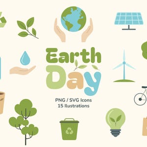 Earth Day Icons – 15 Eco-Friendly Illustrations Set | Nature, Sustainability, Ecology Clipart (SVG + PNG)