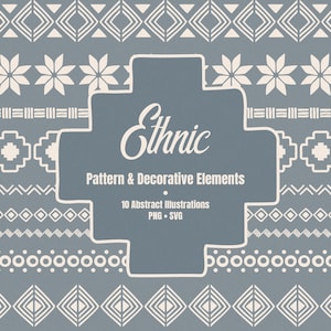 Könnte beinhalten: Digitales Grafikdesign mit verschiedenen weißen geometrischen Mustern auf einem gedämpften blauen Hintergrund. Das Bild enthält das Wort "Ethnic" und den Text "Pattern & Decorative Elements". Es gibt auch "10 Abstract Illustrations PNG • SVG".