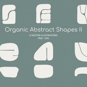 Könnte beinhalten: Sechs abstrakte organische Formen in Weiß auf einem gedämpften tealfarbenen Hintergrund. Die Formen sind geometrisch und unregelmäßig, mit geschwungenen und geraden Linien. Text: "Organic Abstract Shapes II" und "6 Vector Illustrations".
