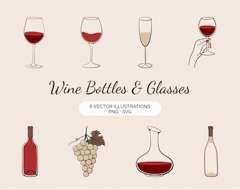 Conjunto de imágenes prediseñadas de botellas y copas de vino: 8 ilustraciones bohemias dibujadas a mano (SVG + PNG)