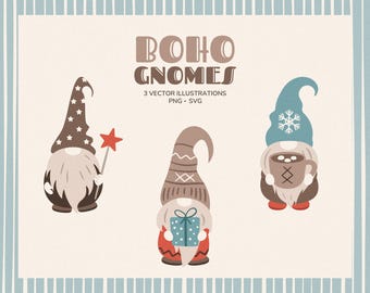 Conjunto de imágenes prediseñadas de gnomos bohemios: 3 ilustraciones invernales dibujadas a mano (PNG y SVG)