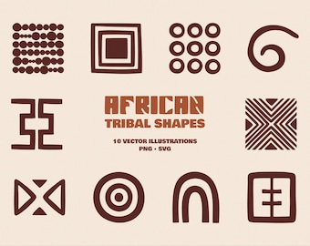 Conjunto de imágenes prediseñadas de tribus africanas: 10 formas abstractas dibujadas a mano (SVG + PNG)
