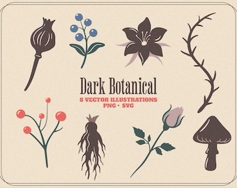 Dark Botanical Clipart Set: 8 Hand-Drawn Gothic Floral Illustrations (PNG & SVG)