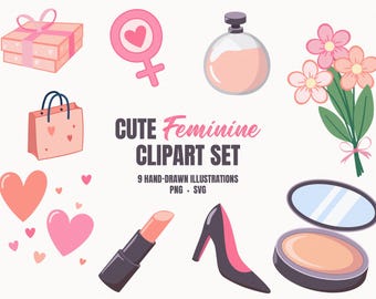 Conjunto de imágenes prediseñadas femeninas: 9 ilustraciones femeninas dibujadas a mano (SVG y PNG)