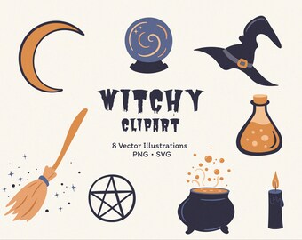 Conjunto de imágenes prediseñadas de brujería: 8 divertidas ilustraciones de brujería dibujadas a mano (PNG y SVG)