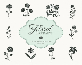 Floral Clipart SVG PNG Set: 10 Flat Decorative Flower Line Art Graphics