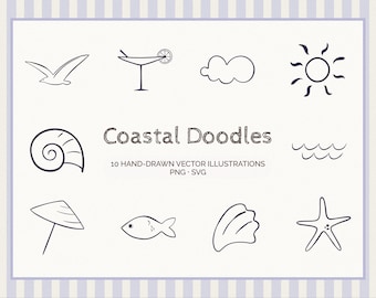 Conjunto de imágenes prediseñadas de garabatos costeros: 10 ilustraciones de playa dibujadas a mano (SVG + PNG)