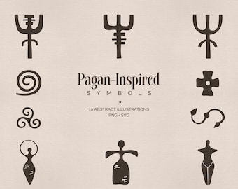 Conjunto de imágenes prediseñadas de símbolos de inspiración pagana: 10 ilustraciones bohemias dibujadas a mano (SVG + PNG)