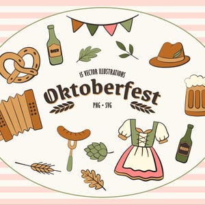 Può includere: Illustrazioni vettoriali a tema Oktoberfest, tra cui un pretzel, una bottiglia di birra, una fisarmonica, un wurstel, un boccale di birra e un vestito tradizionale. Il testo "Oktoberfest" è in evidenza.