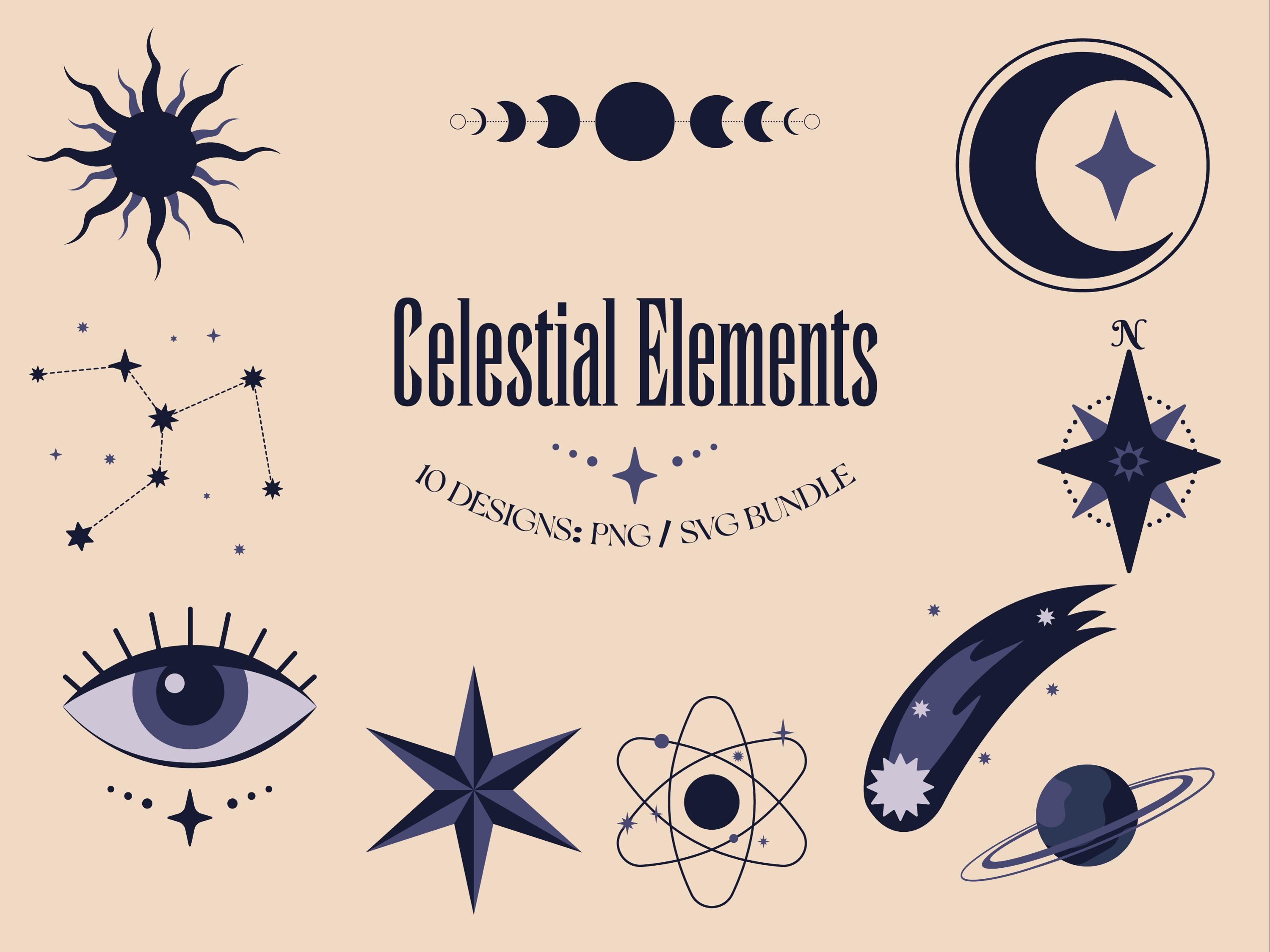 Celestial Elements Illustrations Set | 10 Hand-drawn PNG & SVG Graphics ...
