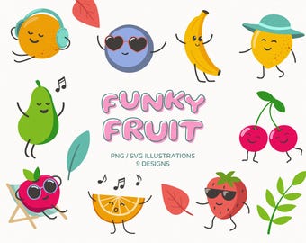 Conjunto de ilustraciones prediseñadas de frutas originales: gráficos de dibujos animados estilo boho (SVG y PNG)