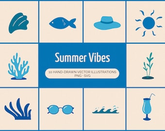 Conjunto de imágenes prediseñadas con temática veraniega: 10 elementos playeros y costeros dibujados a mano (SVG + PNG)