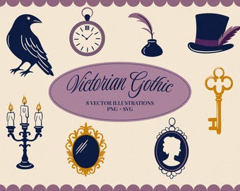 Conjunto de imágenes prediseñadas de estilo gótico victoriano: 8 ilustraciones de elegancia oscura dibujadas a mano (PNG y SVG)