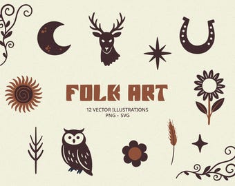 Conjunto de imágenes prediseñadas de arte popular: 12 ilustraciones místicas dibujadas a mano (PNG y SVG)