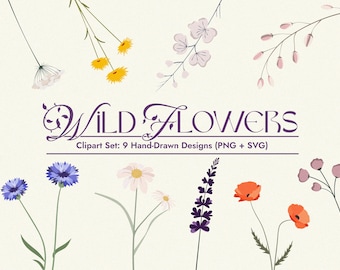Conjunto de imágenes prediseñadas de flores silvestres: 9 delicadas ilustraciones florales dibujadas a mano (PNG y SVG)