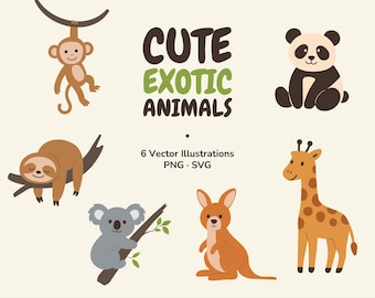 Conjunto de imagens de animais exóticos em SVG e PNG | 6 ilustrações em tons pastel estilo desenho animado
