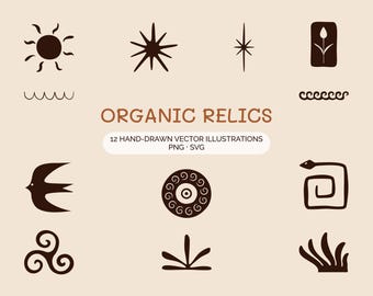 Conjunto de imágenes prediseñadas de reliquias orgánicas: 12 elementos simbólicos dibujados a mano (SVG + PNG)
