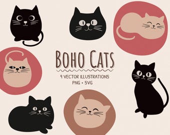Conjunto de imágenes prediseñadas de gatos bohemios: 9 ilustraciones de siluetas de gatos dibujadas a mano (PNG y SVG)
