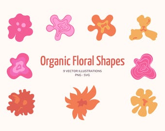 Conjunto de imágenes prediseñadas de formas florales orgánicas: 9 ilustraciones de flores dibujadas a mano (SVG + PNG)