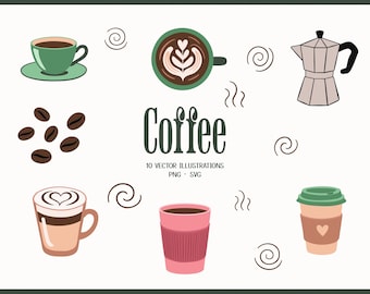 Coffee Clipart Set: 10 Hand-Drawn Café Illustrations (SVG + PNG)