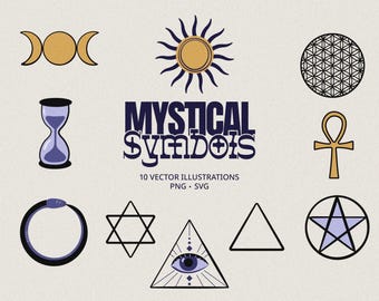 Conjunto de imágenes prediseñadas de símbolos místicos: 10 ilustraciones ocultas dibujadas a mano (PNG y SVG)