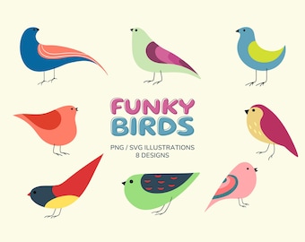 Conjunto de imágenes prediseñadas de pájaros divertidos: ilustraciones coloridas de pájaros dibujados a mano (PNG y SVG)