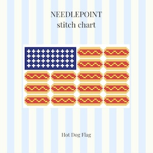 May include: A needlepoint stitch chart titled "NEEDLEPOINT stitch chart" and "Hot Dog Flag". The design features a rectangular flag pattern where the blue canton contains white plus signs and the stripes are composed of pixelated hot dogs.