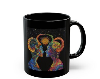 Colorful Artistic Black Mug with Astrology Design, Perfect Gift for Art Lovers, Coffee or Tea Mug, Unique Home Decor, Empowering Artwork