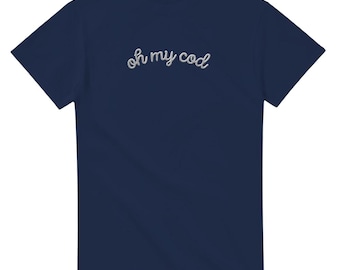 Oh My Cod geborduurd T-shirt met ronde hals, zwaar katoen, genderneutrale kustkleding
