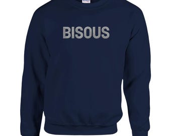 Embroidered Bisous Classic Crewneck Sweatshirt, Minimal French Aesthetic, Gender-Neutral Casual Apparel