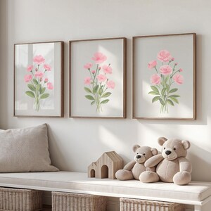 Pink Flower Nursery Wall Art - Matte Kids Room Posters - Floral Baby Room Decor - Set of 3 Prints