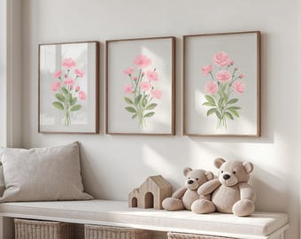Pink Flower Nursery Wall Art - Matte Kids Room Posters - Floral Baby Room Decor - Set of 3 Prints