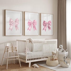 Pink Bow Wall Art Print Set | Nursery Bow Prints | Girls Room Decor | Pink Ribbon Posters | Modern Bow Art | Pink Nursery Wall Decor