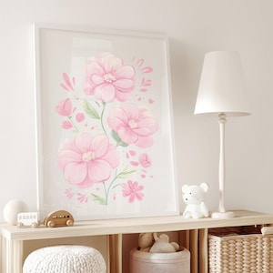 Adorable Pink Flower Nursery Wall Art - Matte Finished Kids Room Poster - Floral Baby Room Decor