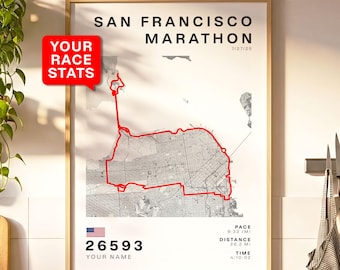Spersonalizowana mapa maratonu w San Francisco – grafika ścienna z osiągnięciami biegacza