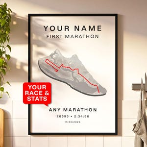 Gepersonaliseerde eerste marathonprint – aangepaste poster marathonroutekaart, cadeau loper