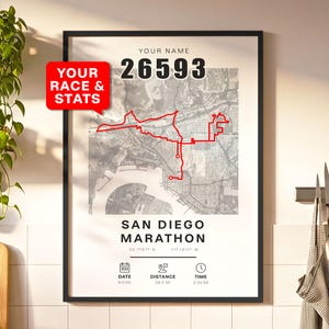 Może przedstawiać: Oprawiony wydruk mapy Maratonu w San Diego z czerwoną trasą. Zawiera tekst "YOUR NAME" i numer "26593". Szczegóły: data, dystans 42,16 km i czas.