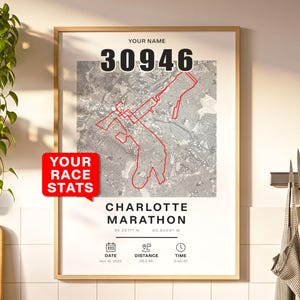 May include: Framed print with a map of Charlotte, North Carolina, highlighted with a red route, labelled "Charlotte Marathon." Displays race details: date, distance (42.16 km), and time. A red speech bubble reads "Your Race Stats."
