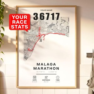 May include: Framed print featuring a map of the Malaga Marathon route, highlighted in red. The print includes the runner's name, race stats, date, distance (26.2 miles), and time. The background is a detailed grayscale map.