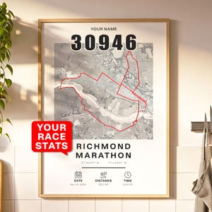 May include: Framed print featuring a map of the Richmond Marathon course, outlined in red. The print includes the race name, date, distance (26.2 miles), and time. The top of the print displays a large number, and the text "YOUR RACE STATS" is in a red speech bubble.