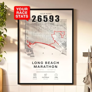May include: Framed print featuring a map of the Long Beach Marathon route, highlighted in red. The print includes the race number 26593, date, distance of 26.2 miles, and time 2:34:56. The words "YOUR RACE STATS" are in a red speech bubble.