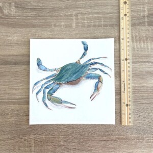 May include: Watercolour painting of a blue crab on white paper. The crab has a blue-green shell and blue claws. A wooden ruler is next to the painting, measuring approximately 25 cm in length. The artwork is displayed on a wooden surface.