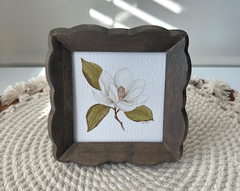 Original Magnolia Watercolor Painting – 4x4 Framed Floral Art (Southern Charm)