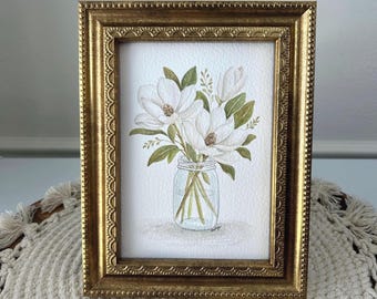 Original Magnolia Watercolor Painting, Southern Floral Wall Art, Botanical Art, 5x7