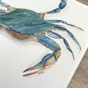May include: Watercolour painting of a blue crab. The crab is rendered in shades of blue, green, and brown, with detailed brushstrokes. The artwork is on white paper, with a signature in the bottom right corner.