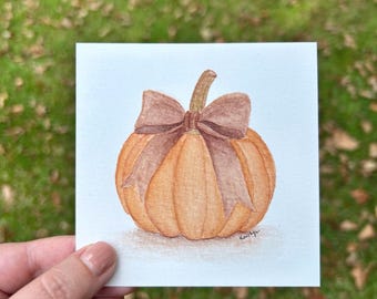 Hand-Painted Pumpkin Watercolor Print, Bow, Fall Wall Art (4x4)