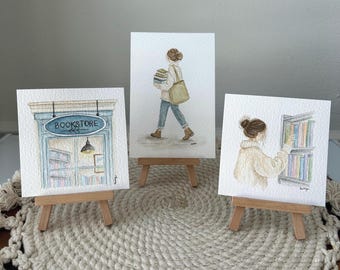 Book Lover Original Watercolor Art Set, Reading Nook Wall Art, Bookish Decor, Bookstore Painting, Set of 3