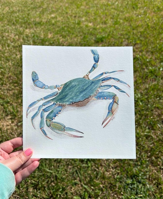 Blue Crab Watercolor Print, Coastal Kitchen Art, Whimsical Seafood Lover Gift